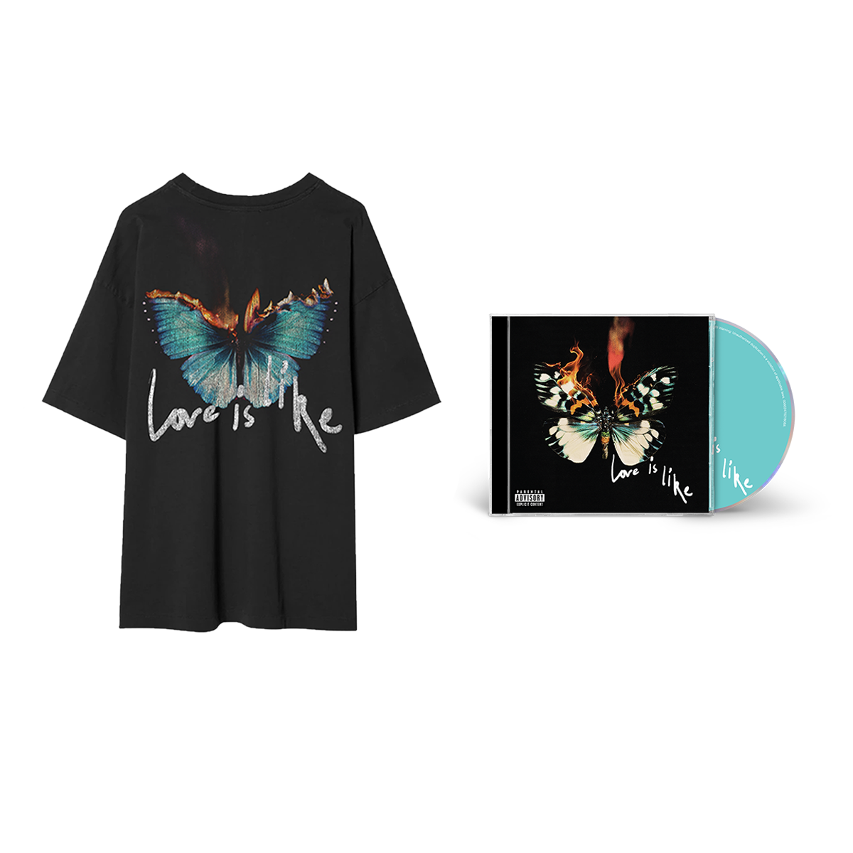 Love Is Like Flaming Butterfly Tee - Charcoal & Love Is Like - Store Exclusive CD (Signed)